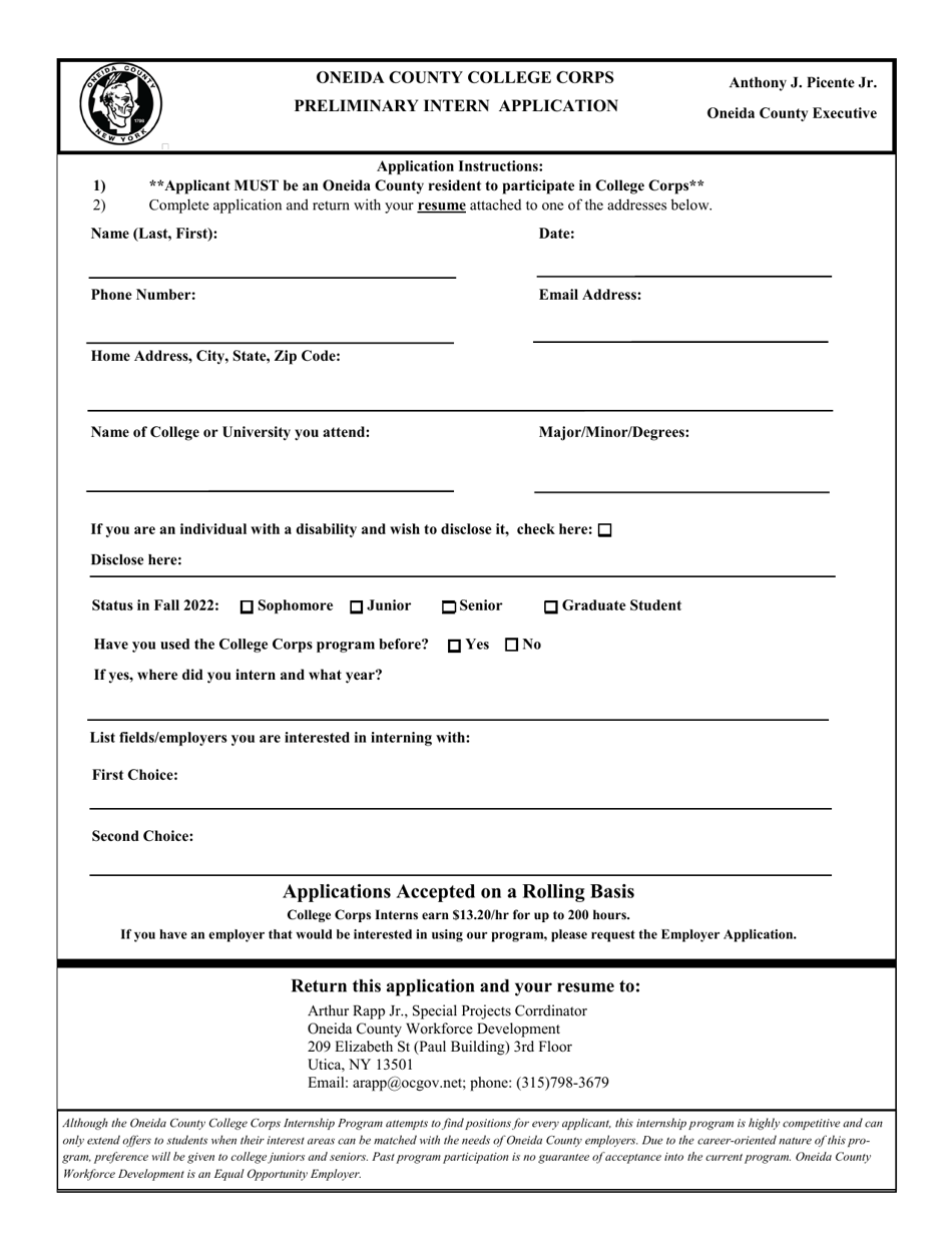 Preliminary Intern Application - Oneida County College Corps - Oneida County, New York, Page 1