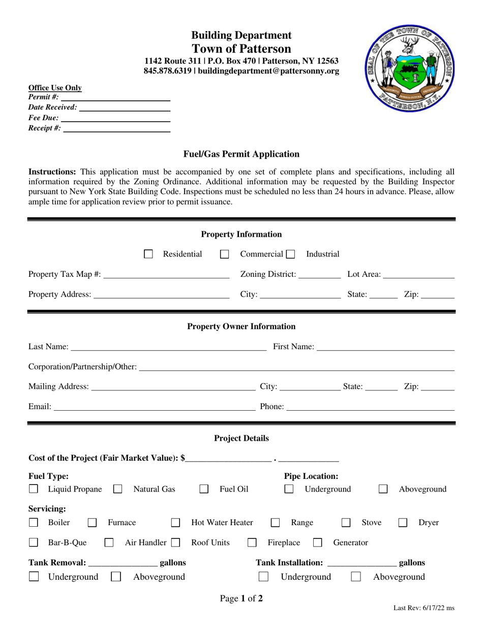 Fuel / Gas Permit Application - Town of Patterson, New York, Page 1