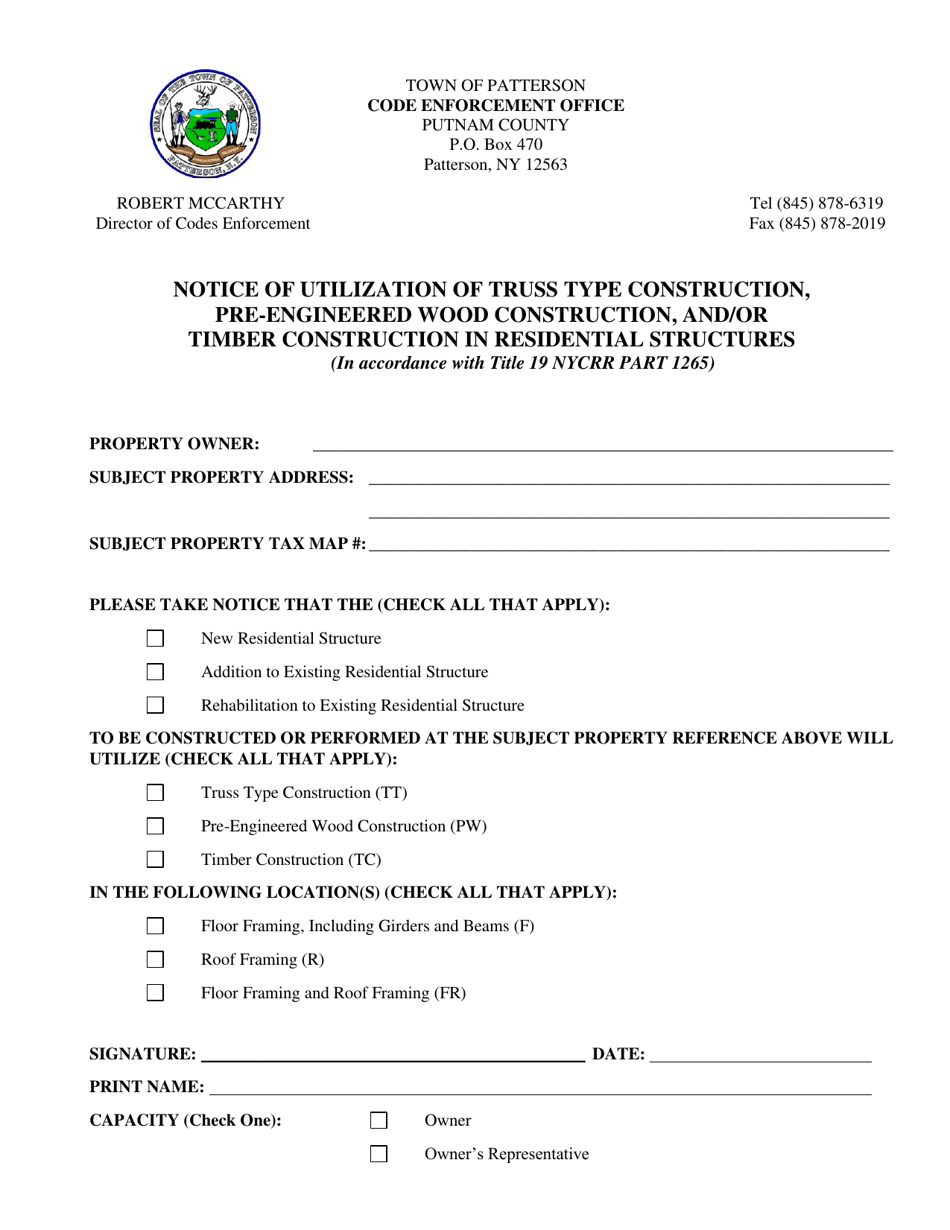 Town of Patterson, New York Notice of Utilization of Truss Type