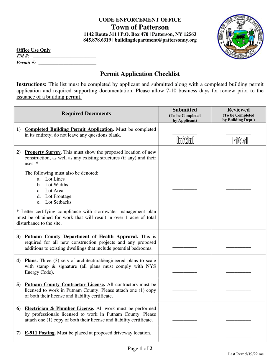 Permit Application Checklist - Town of Patterson, New York, Page 1