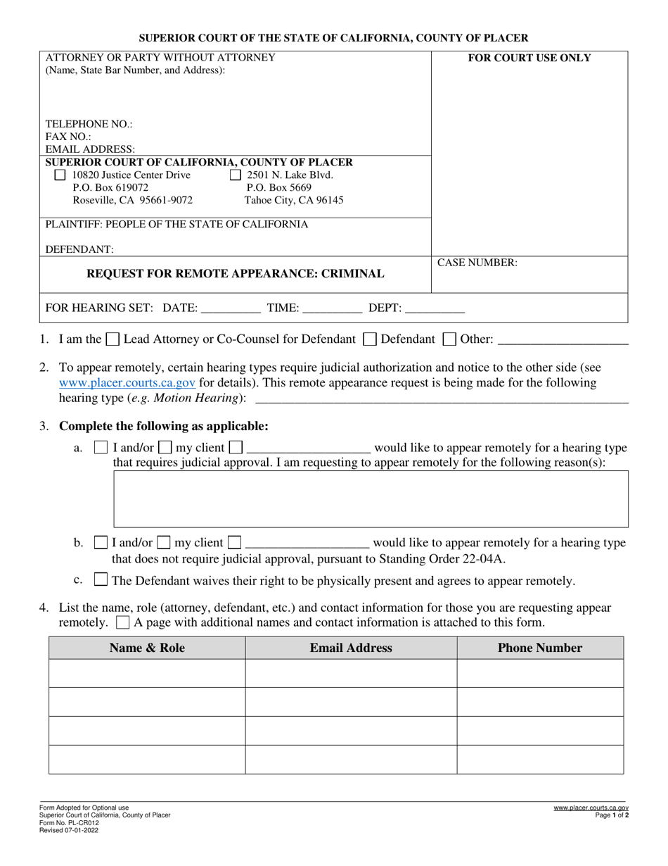 Form PL-CR012 Request for Remote Appearance: Criminal - County of Placer, California, Page 1