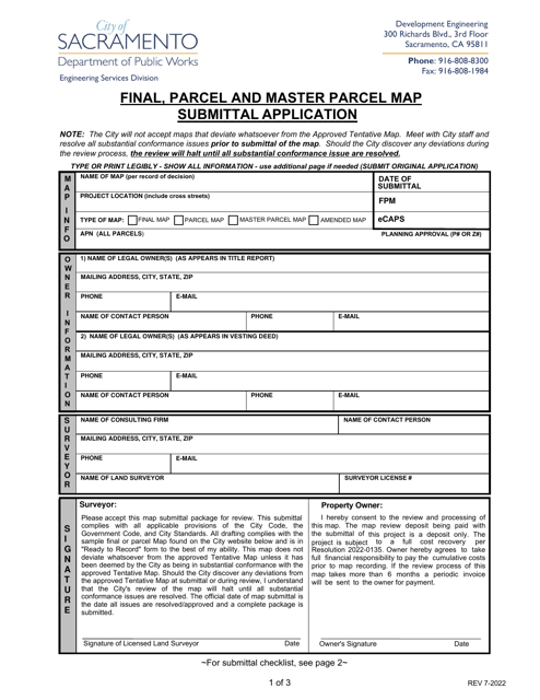 Final, Parcel and Master Parcel Map Submittal Application - City of Sacramento, California