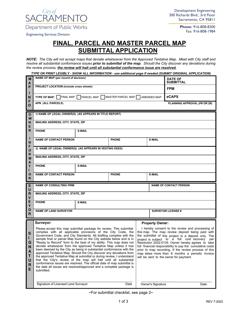 Final, Parcel and Master Parcel Map Submittal Application - City of Sacramento, California, Page 1