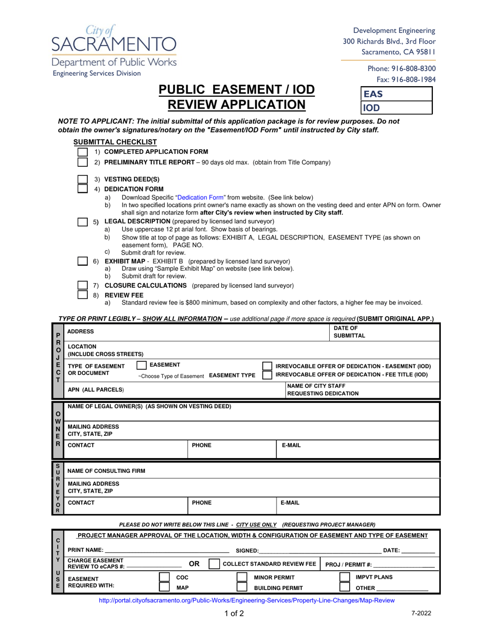 Public Easement / Grant Deed / Iod Review Application - City of Sacramento, California, Page 1