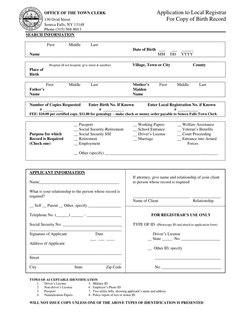 Application to Local Registrar for Copy of Birth Record - Town of Seneca Falls, New York Download Pdf