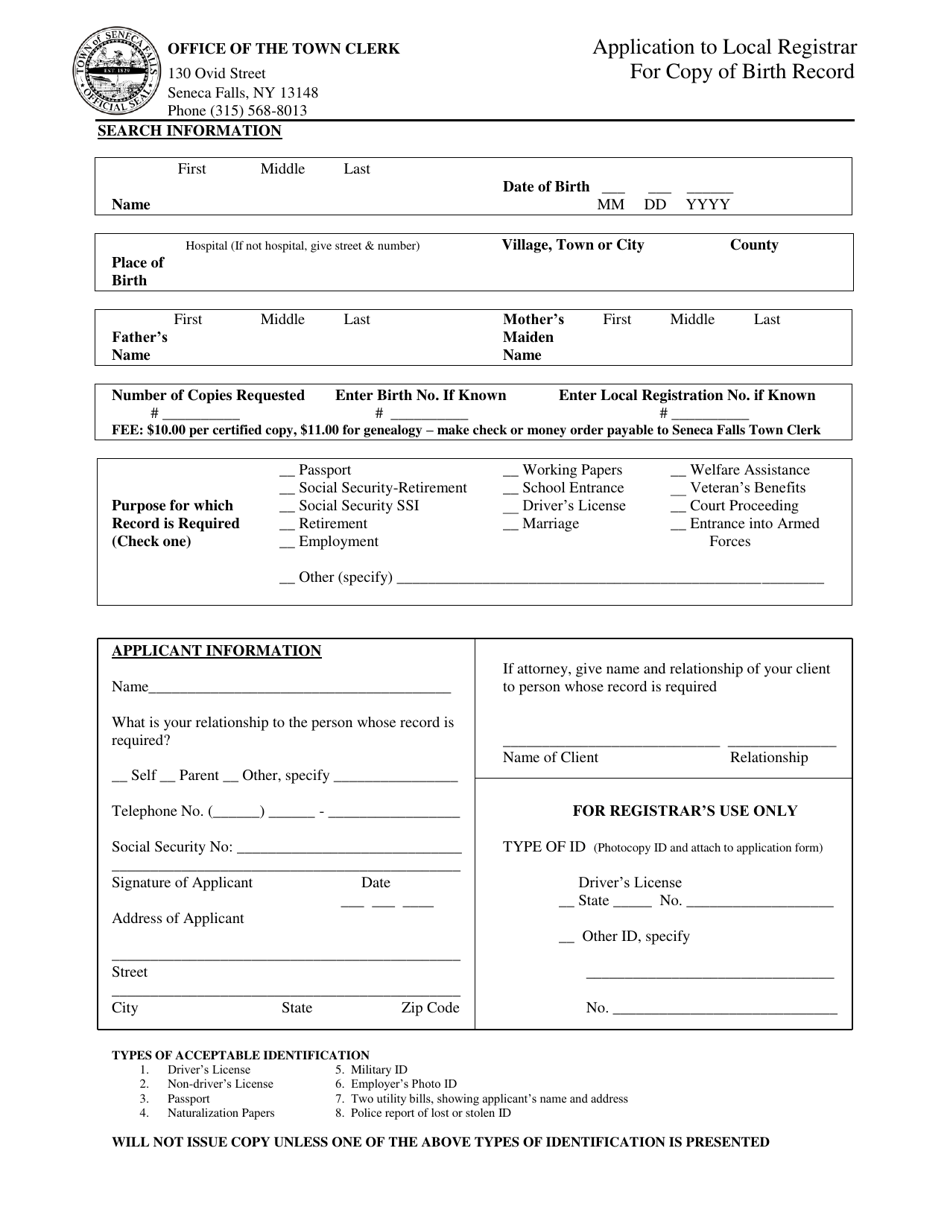 Town Of Seneca Falls New York Application To Local Registrar For Copy   Application To Local Registrar For Copy Of Birth Record Town Of Seneca Falls New York Print Big 