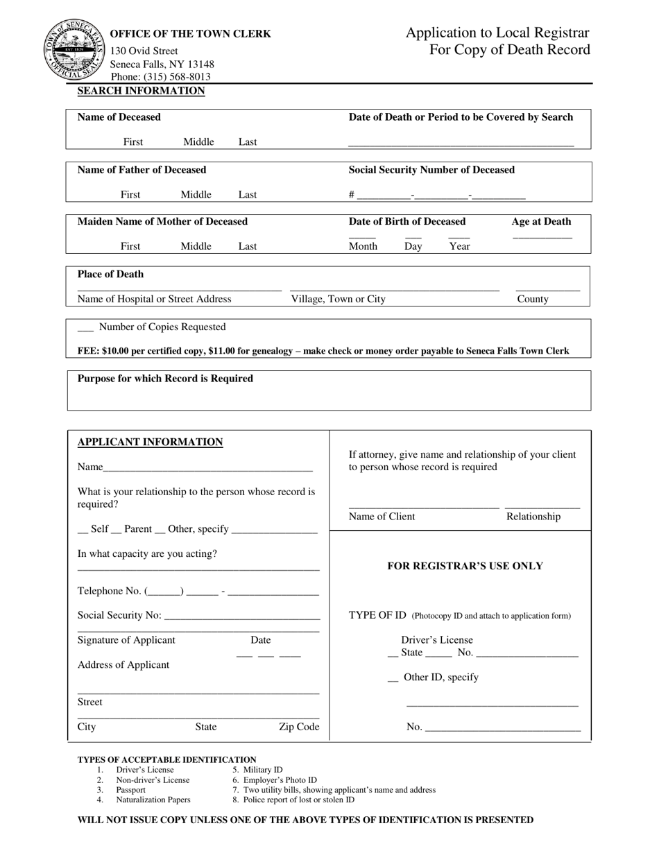 Town of Seneca Falls, New York Application to Local Registrar for Copy