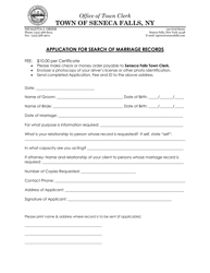 Document preview: Application for Search of Marriage Records - Town of Seneca Falls, New York