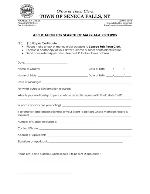 Application for Search of Marriage Records - Town of Seneca Falls, New York Download Pdf