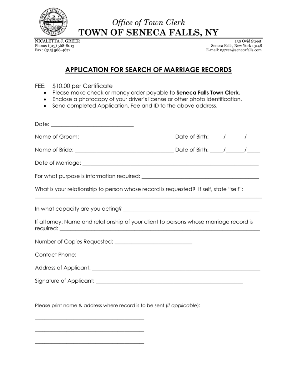 Town of Seneca Falls, New York Application for Search of Marriage