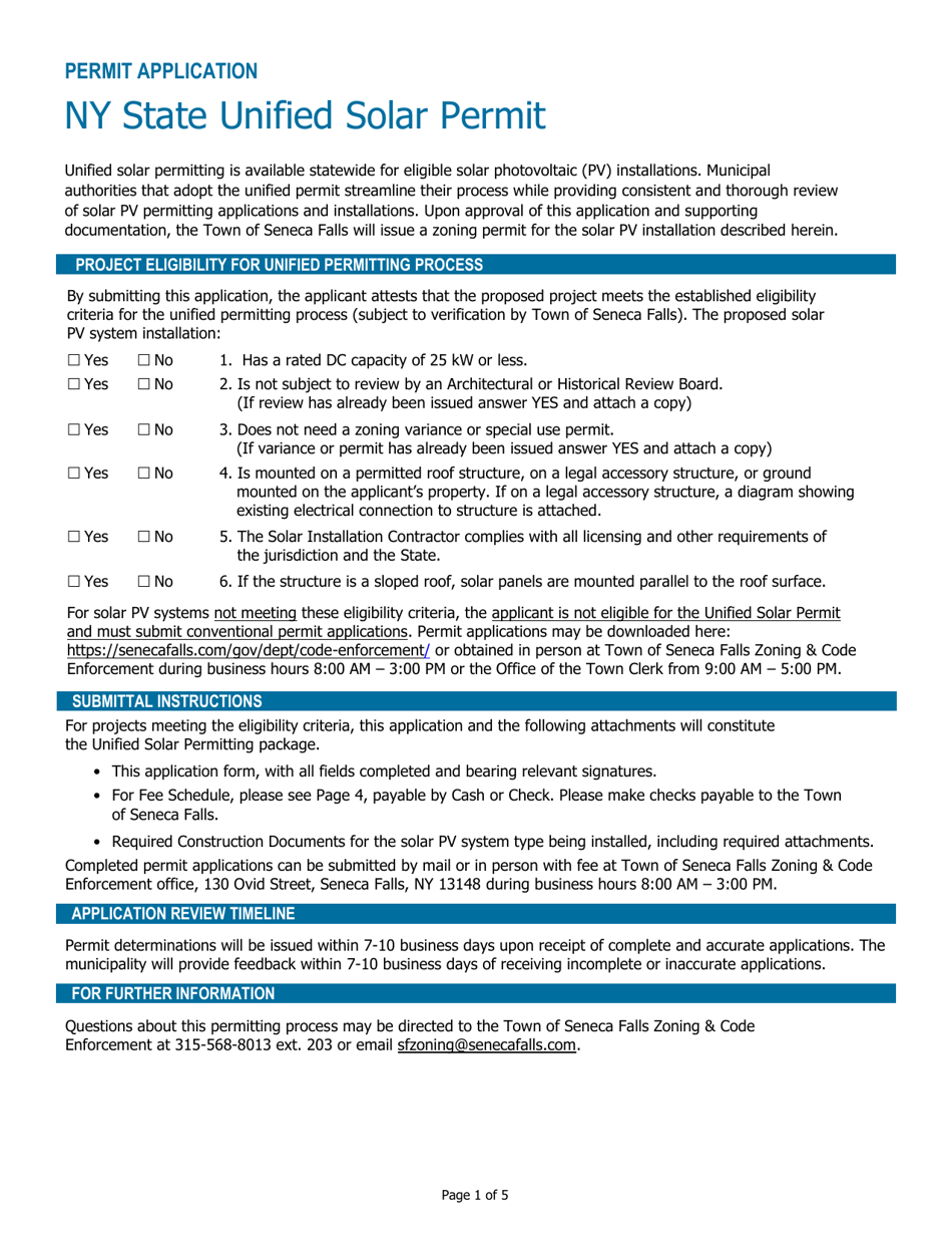 Town of Seneca Falls, New York Ny State Unified Solar Permit