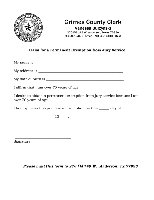 Claim for a Permanent Exemption From Jury Service - Grimes County, Texas Download Pdf