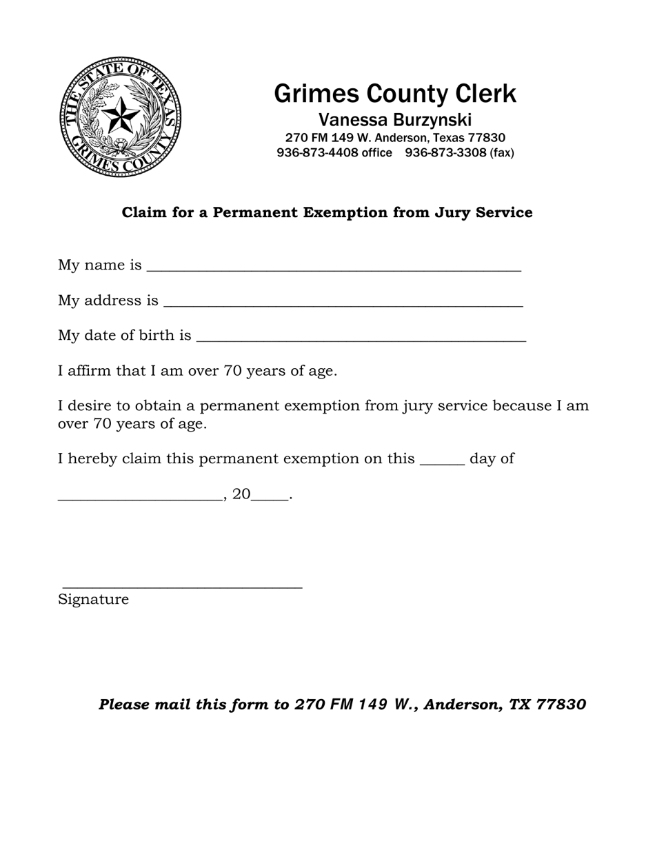 Claim for a Permanent Exemption From Jury Service - Grimes County, Texas, Page 1