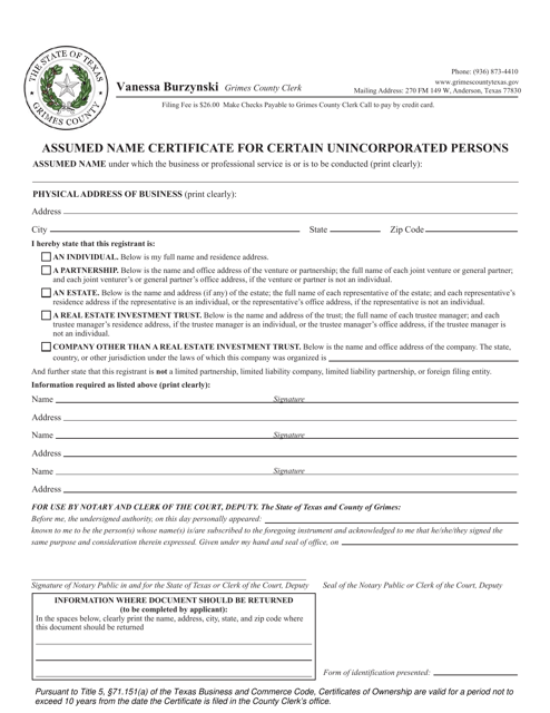 Assumed Name Certificate for Certain Unincorporated Persons - Grimes County, Texas Download Pdf