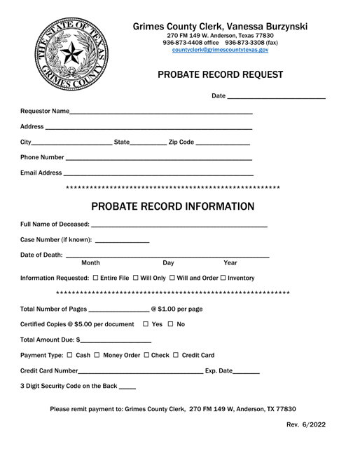 Probate Record Request - Grimes County, Texas Download Pdf