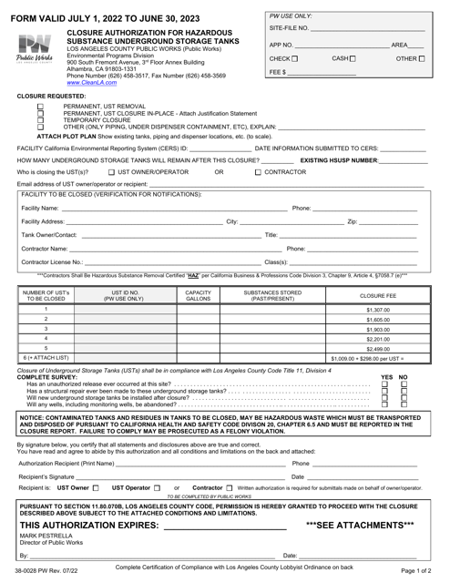 Form 38-0028 PW Closure Authorization for Hazardous Substance Underground Storage Tanks - County of Los Angeles, California, 2023