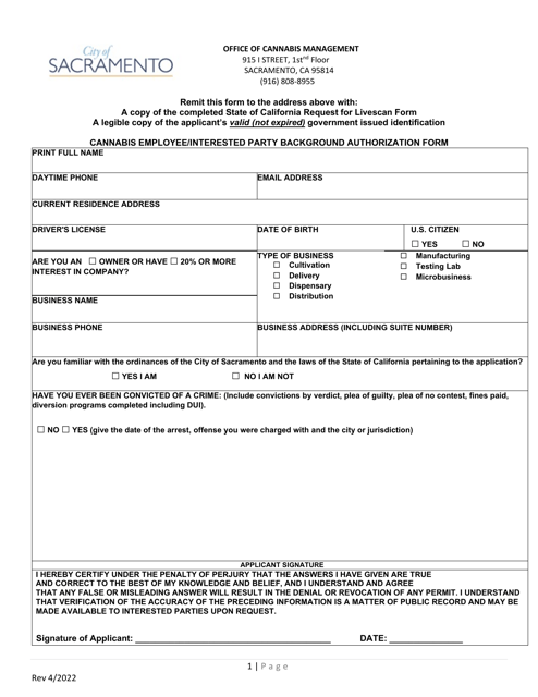 Cannabis Employee / Interested Party Background Authorization Form - City of Sacramento, California Download Pdf