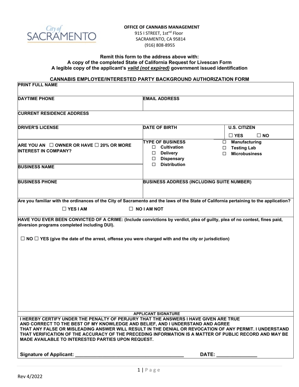 Cannabis Employee / Interested Party Background Authorization Form - City of Sacramento, California, Page 1