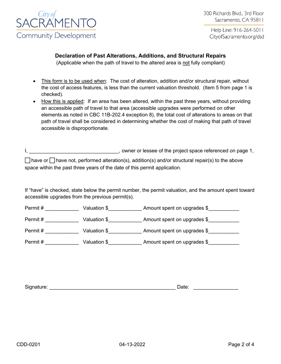 Form CDD-0201 Accessibility Upgrade Requirements for Existing Non-residential Buildings (Declaration and Certification) - City of Sacramento, California, Page 2
