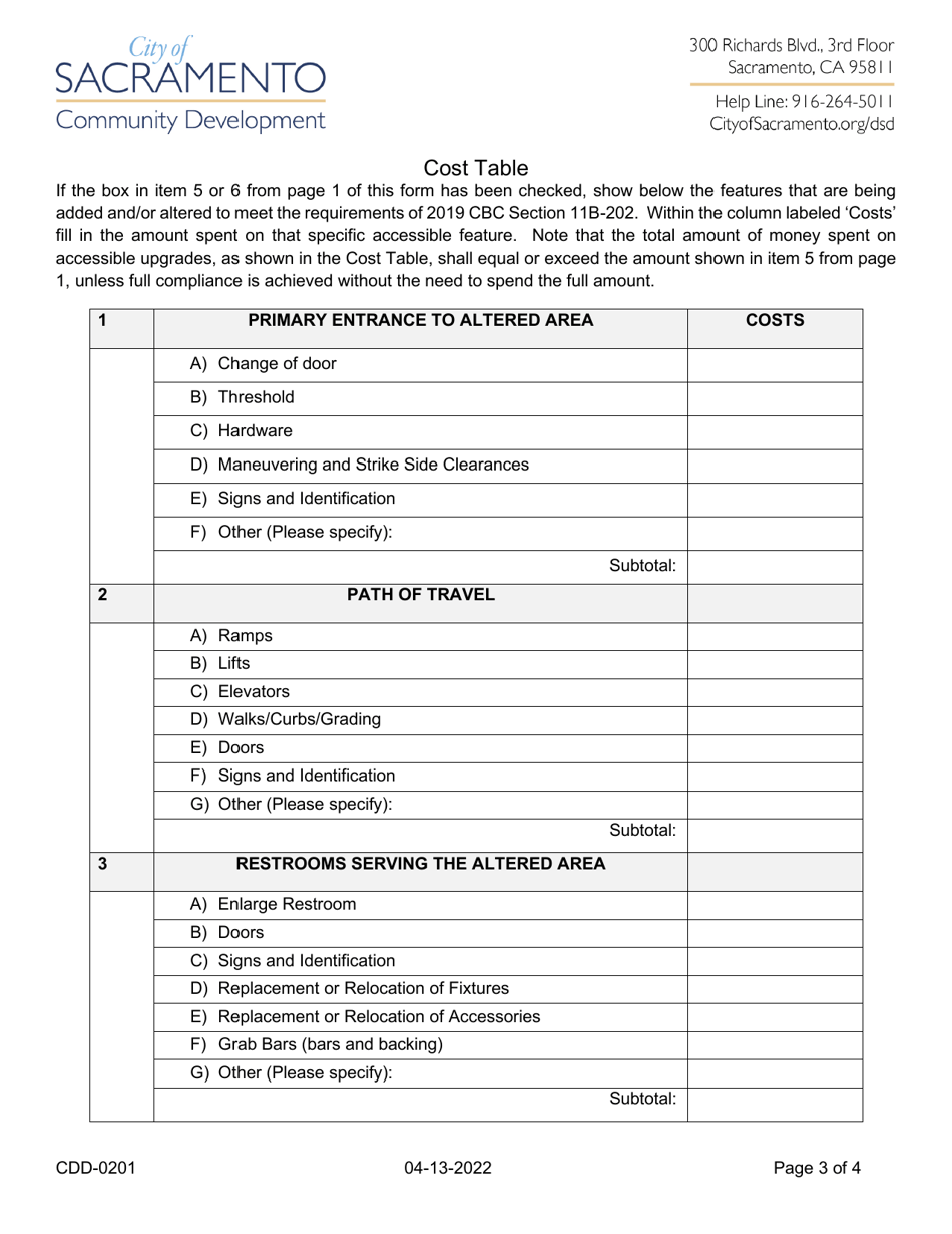 Form CDD-0201 Accessibility Upgrade Requirements for Existing Non-residential Buildings (Declaration and Certification) - City of Sacramento, California, Page 3