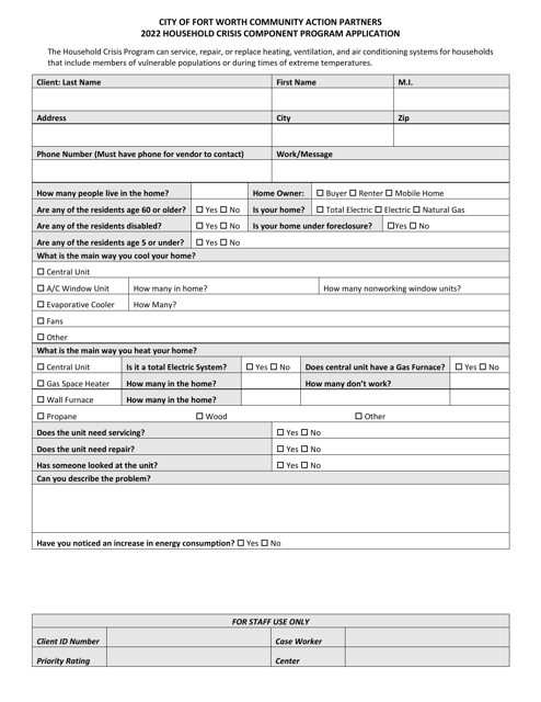 Household Crisis Component Program Application - City of Fort Worth, Texas Download Pdf