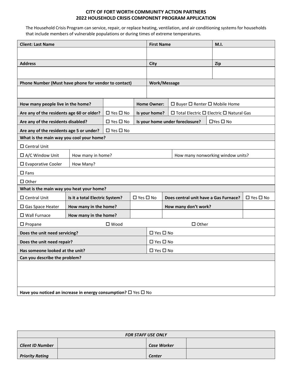 2022 City Of Fort Worth, Texas Household Crisis Component Program 