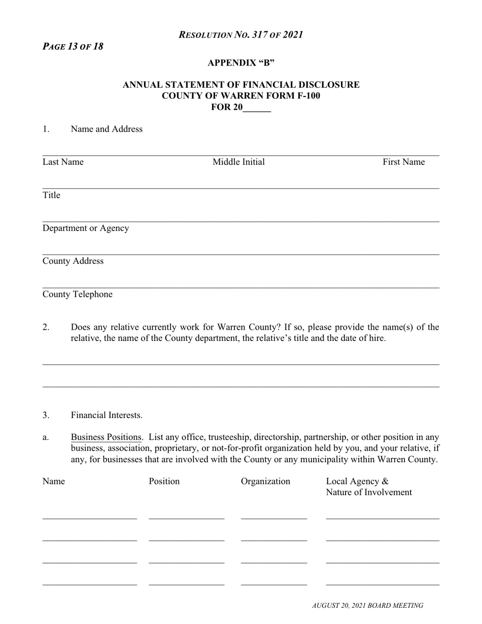 Form F-100 Appendix B Annual Statement of Financial Disclosure - Warren County, New York, Page 1
