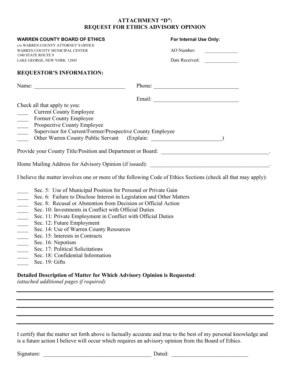 Attachment D Request for Ethics Advisory Opinion - Warren County, New York, Page 1