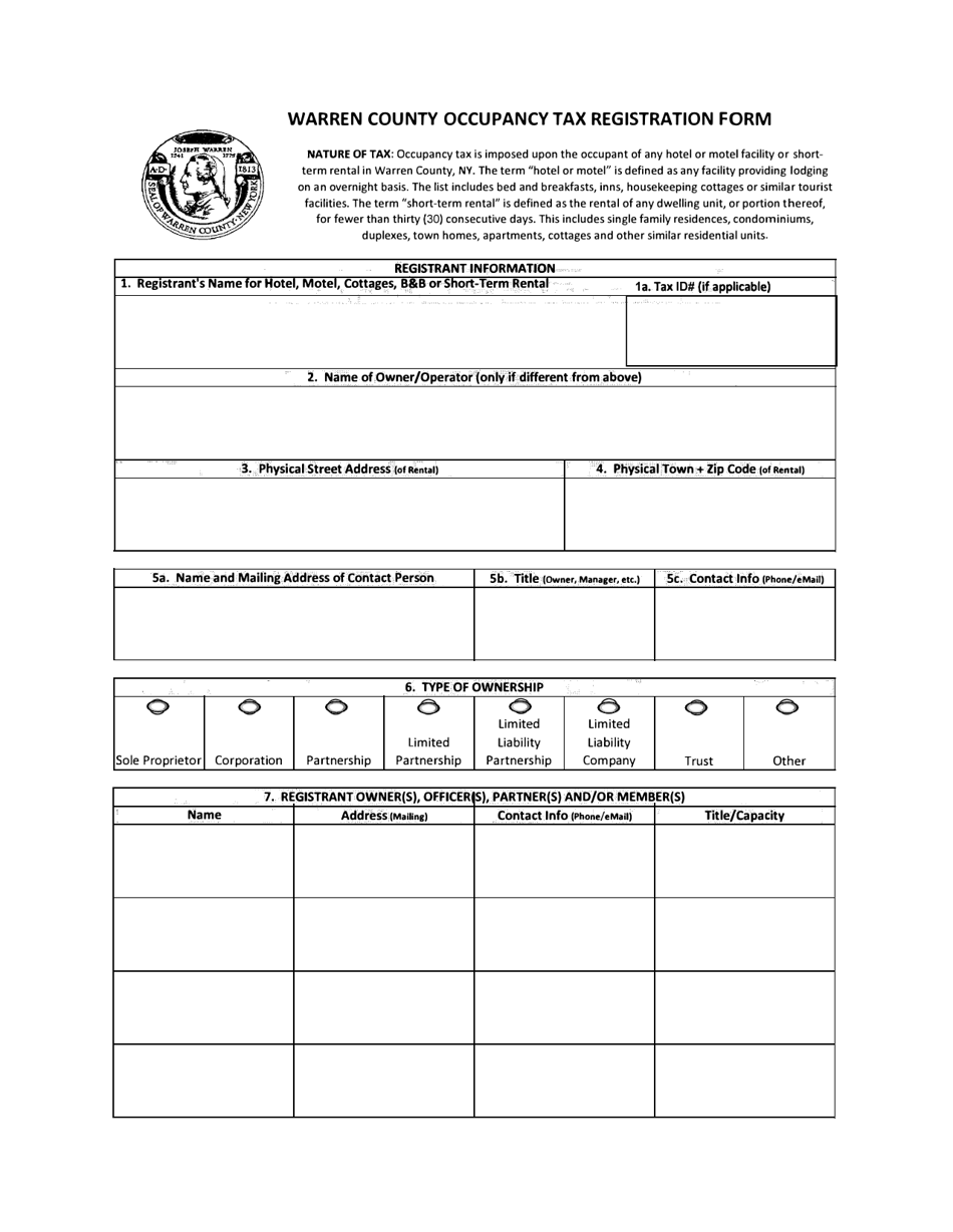Warren County, New York Occupancy Tax Registration Form Download Fillable PDF Templateroller