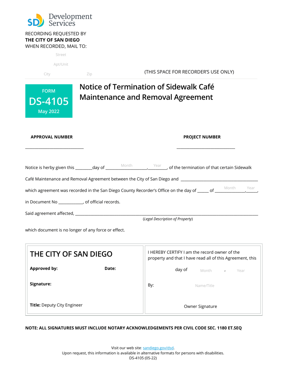 Form DS-4105 Notice of Termination of Sidewalk Cafe Maintenance and Removal Agreement - City of San Diego, California, Page 1