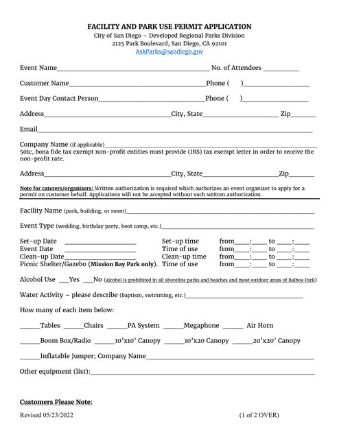 Facility and Park Use Permit Application - City of San Diego, California Download Pdf