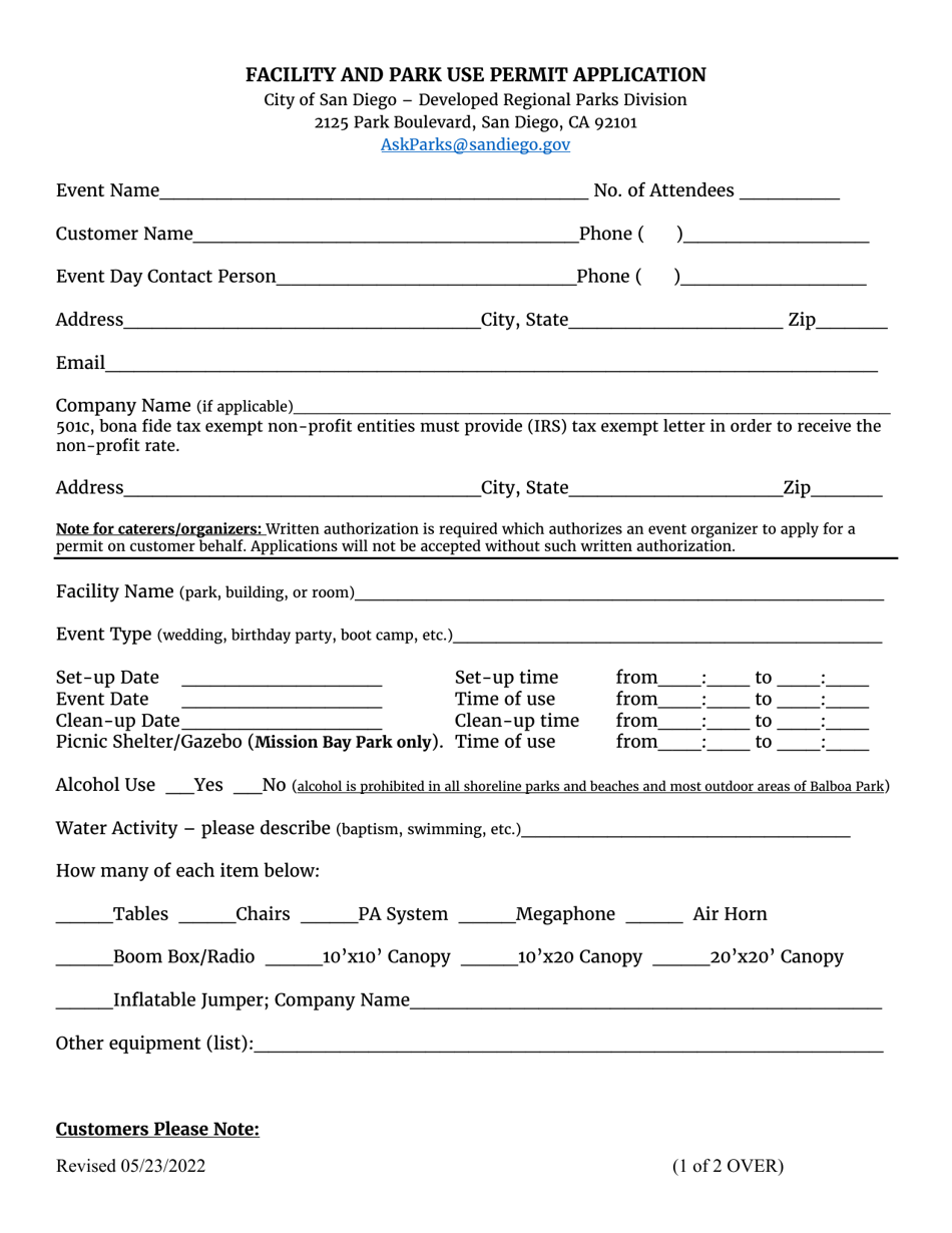 Facility and Park Use Permit Application - City of San Diego, California, Page 1