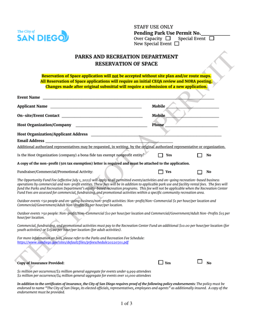 Application for Reservation of Space - City of San Diego, California