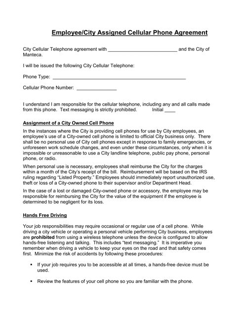 Employee / City Assigned Cellular Phone Agreement - City of Manteca, California Download Pdf