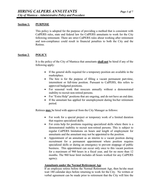 Hiring CalPERS Annuitants Administrative Policy and Procedure - City of Manteca, California Download Pdf