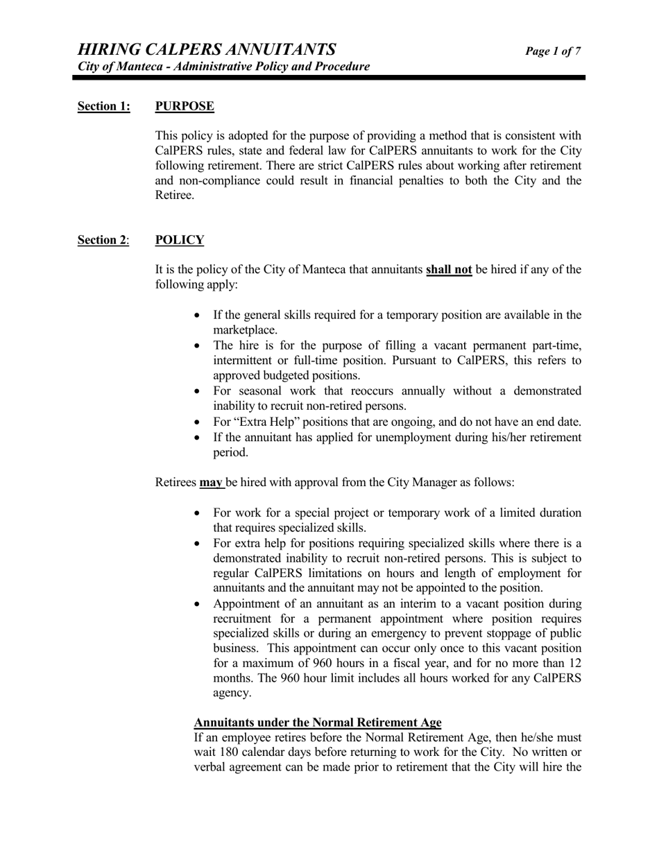 Hiring CalPERS Annuitants Administrative Policy and Procedure - City of Manteca, California, Page 1