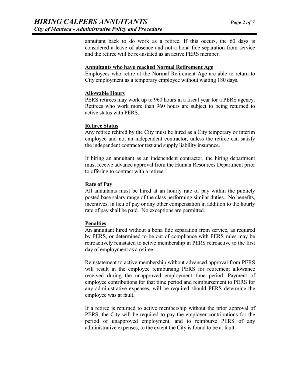 Hiring CalPERS Annuitants Administrative Policy and Procedure - City of Manteca, California, Page 2