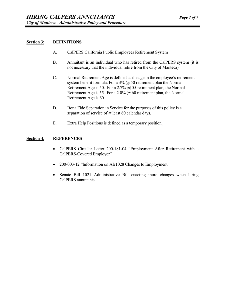 Hiring CalPERS Annuitants Administrative Policy and Procedure - City of Manteca, California, Page 3