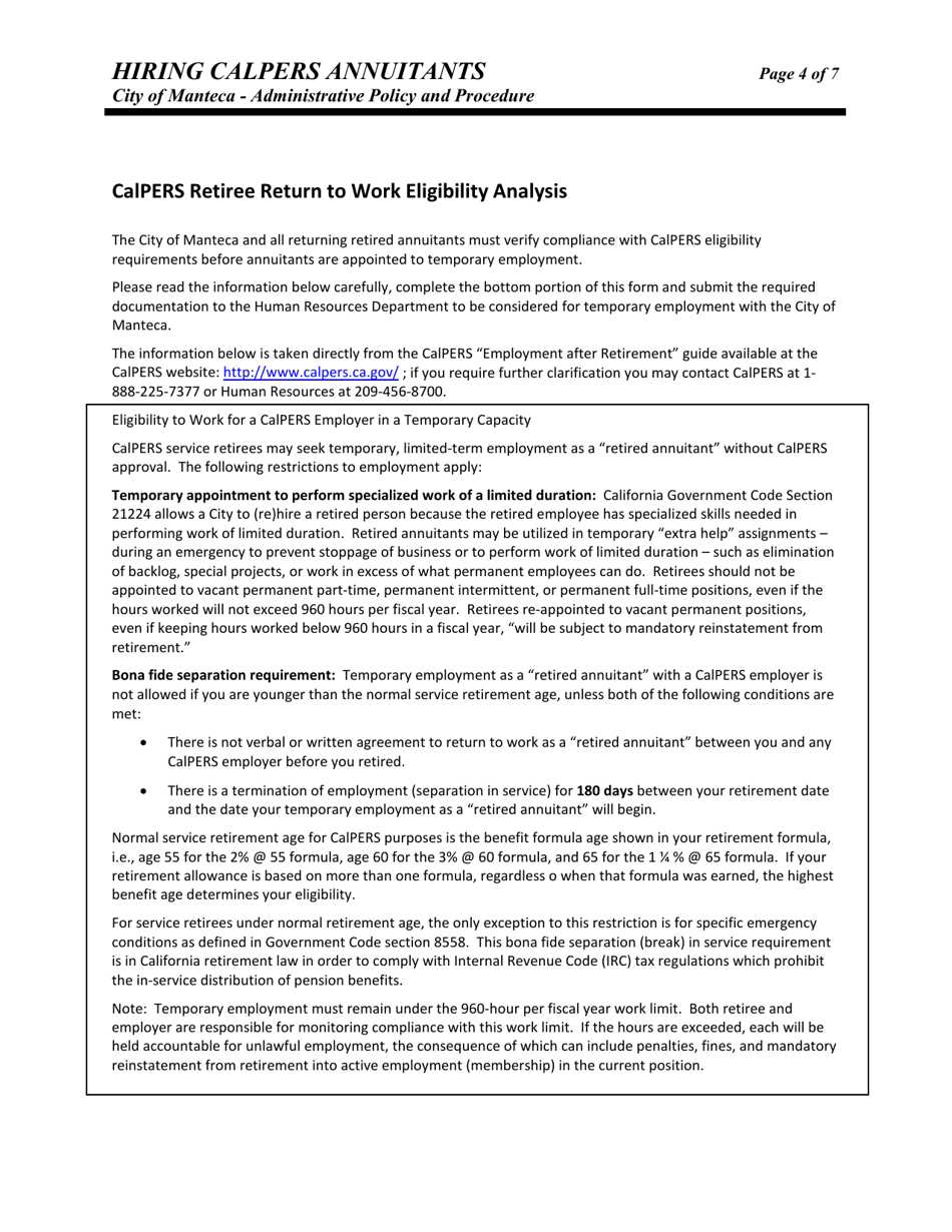 Hiring CalPERS Annuitants Administrative Policy and Procedure - City of Manteca, California, Page 4