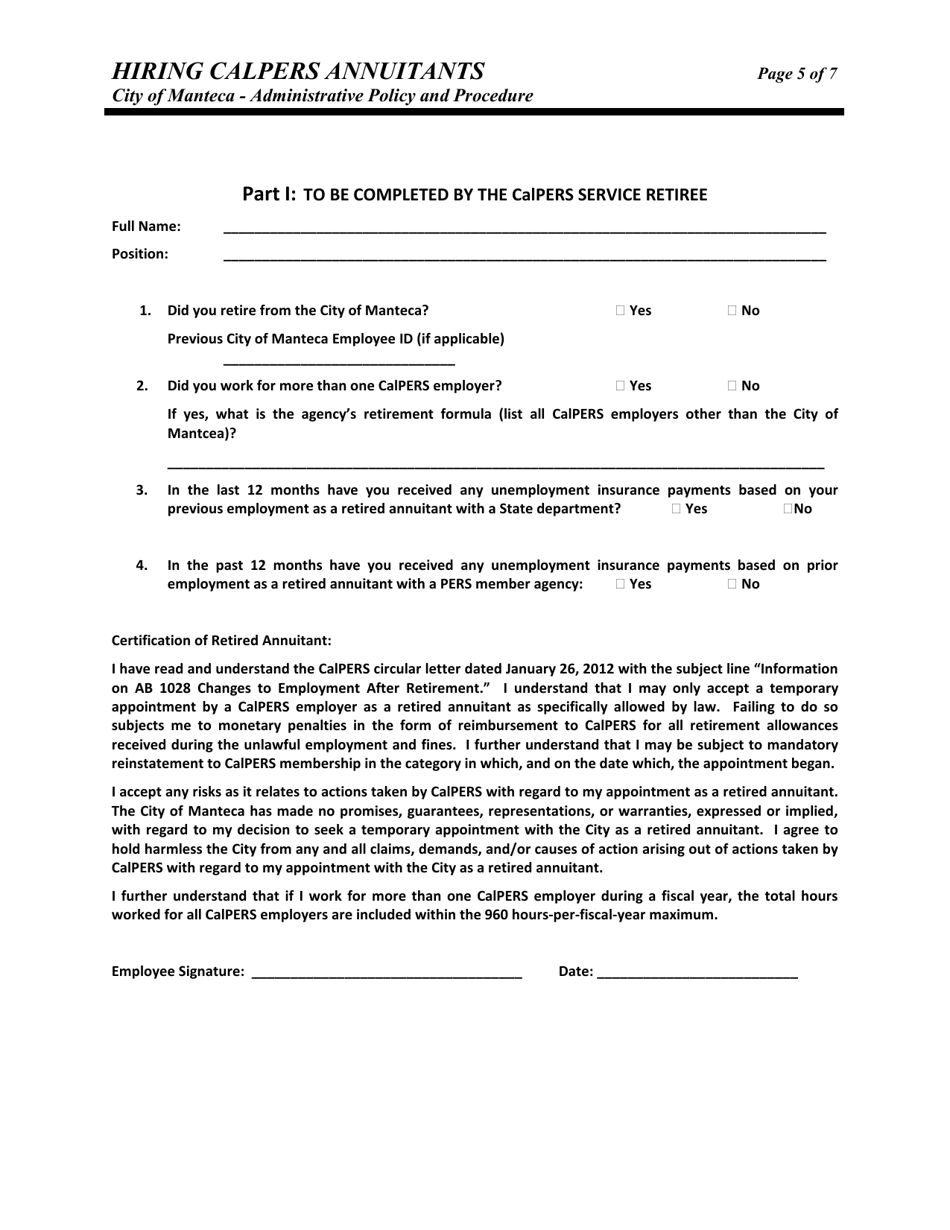 Hiring CalPERS Annuitants Administrative Policy and Procedure - City of Manteca, California, Page 5