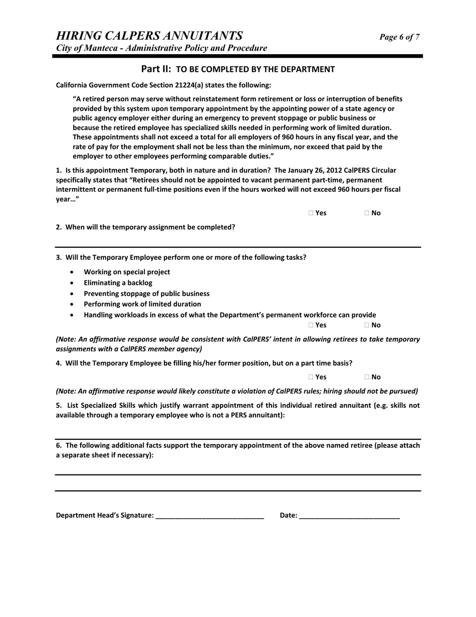 Hiring CalPERS Annuitants Administrative Policy and Procedure - City of Manteca, California, Page 6