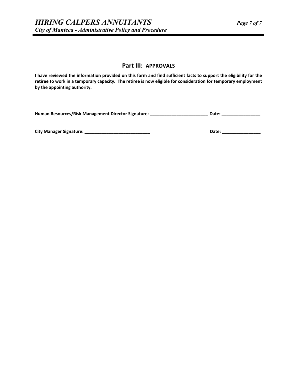 Hiring CalPERS Annuitants Administrative Policy and Procedure - City of Manteca, California, Page 7