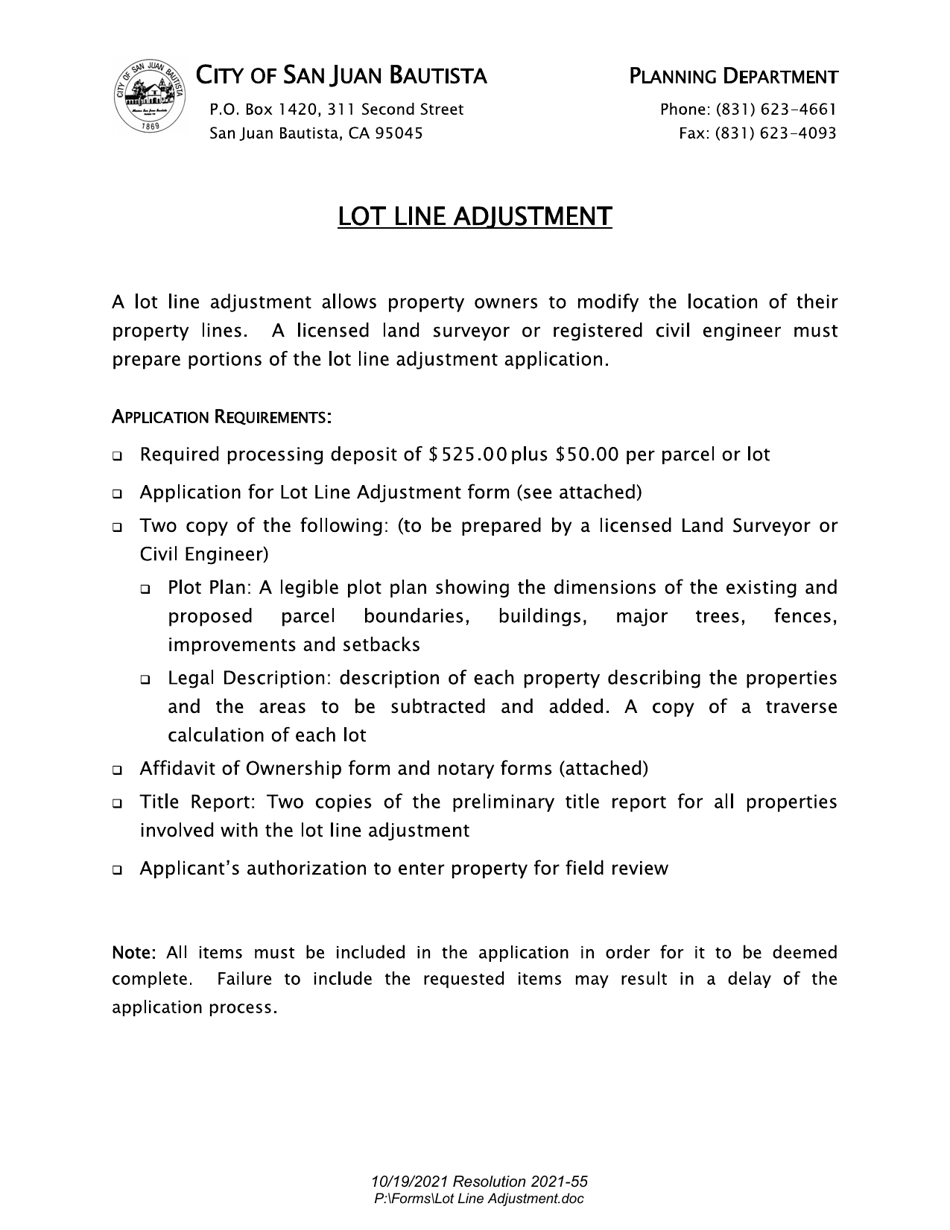 Application for Lot Line Adjustment - City of San Juan Bautista, California, Page 1