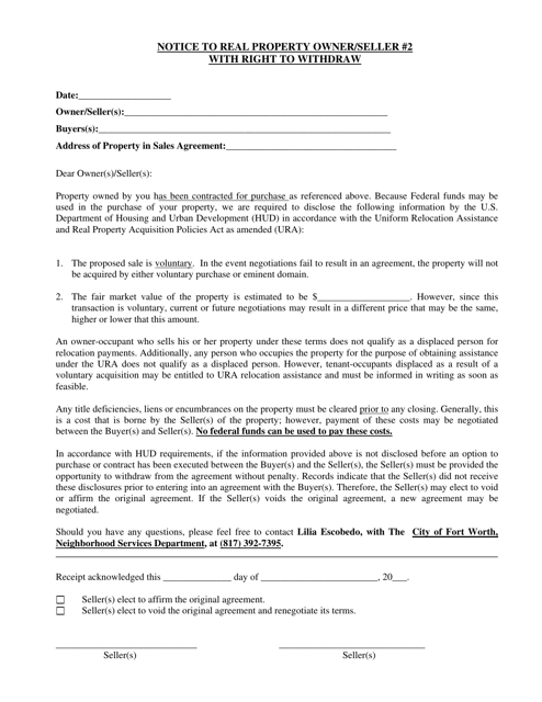 Notice to Real Property Owner/Seller #2 With Right to Withdraw - City of Fort Worth, Texas