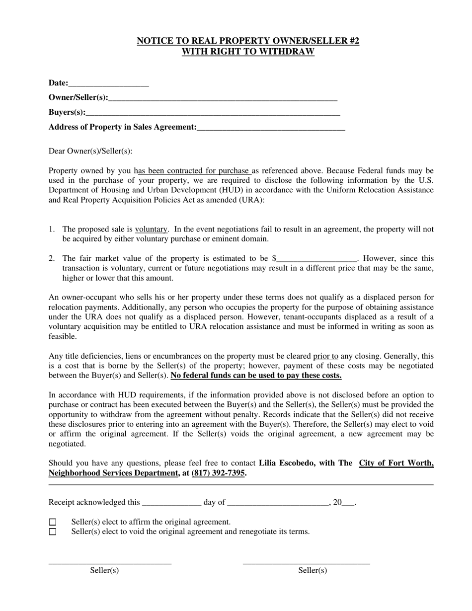 Notice to Real Property Owner / Seller #2 With Right to Withdraw - City of Fort Worth, Texas, Page 1