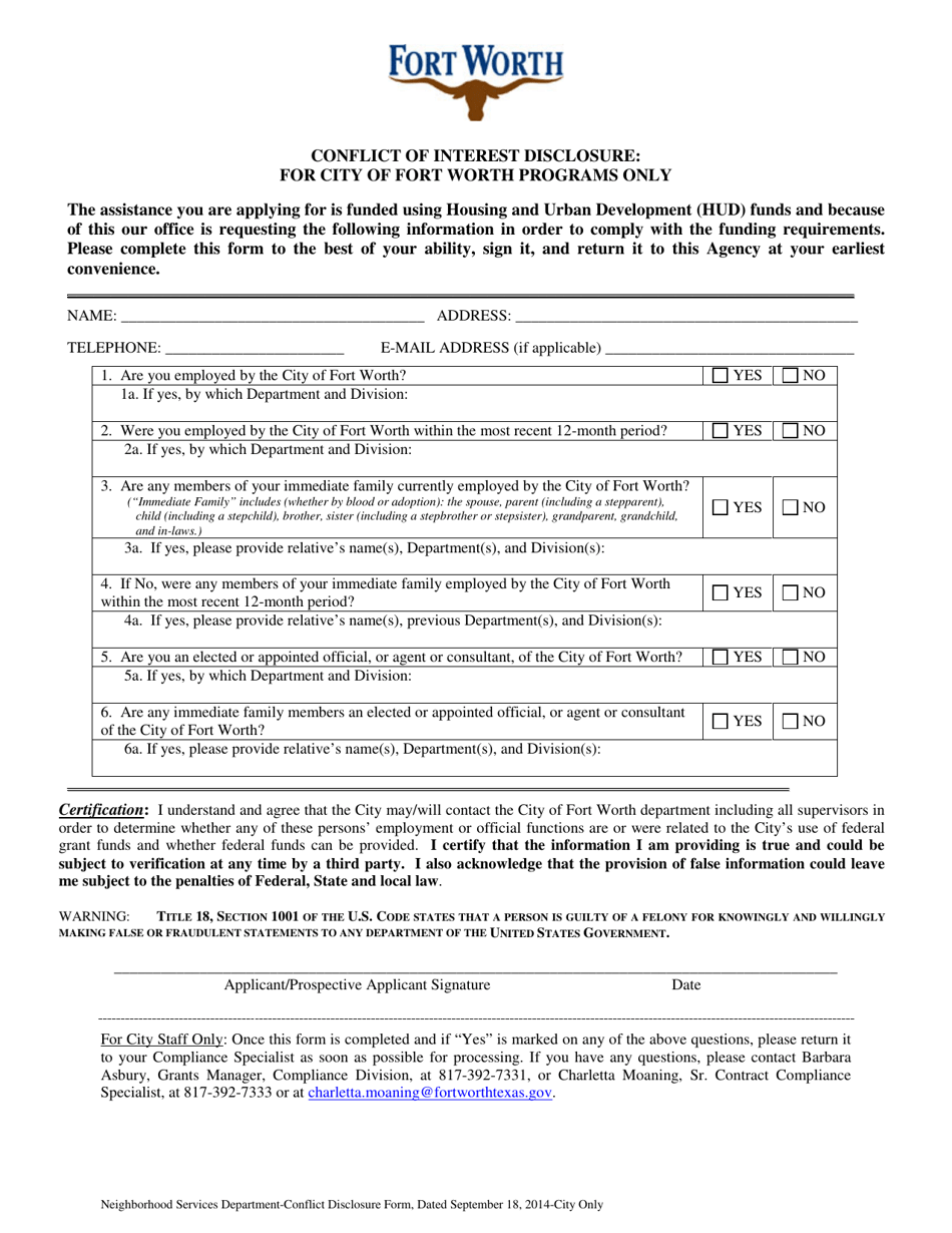 Conflict of Interest Disclosure: for City of Fort Worth Programs Only - City of Fort Worth, Texas, Page 1