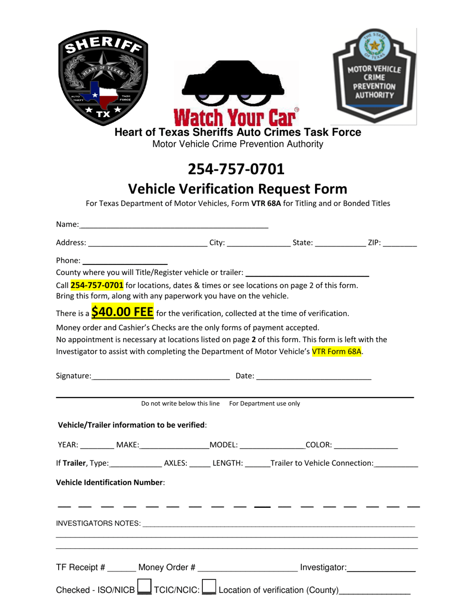 Vehicle Verification Request Form - Williamson County, Texas, Page 1