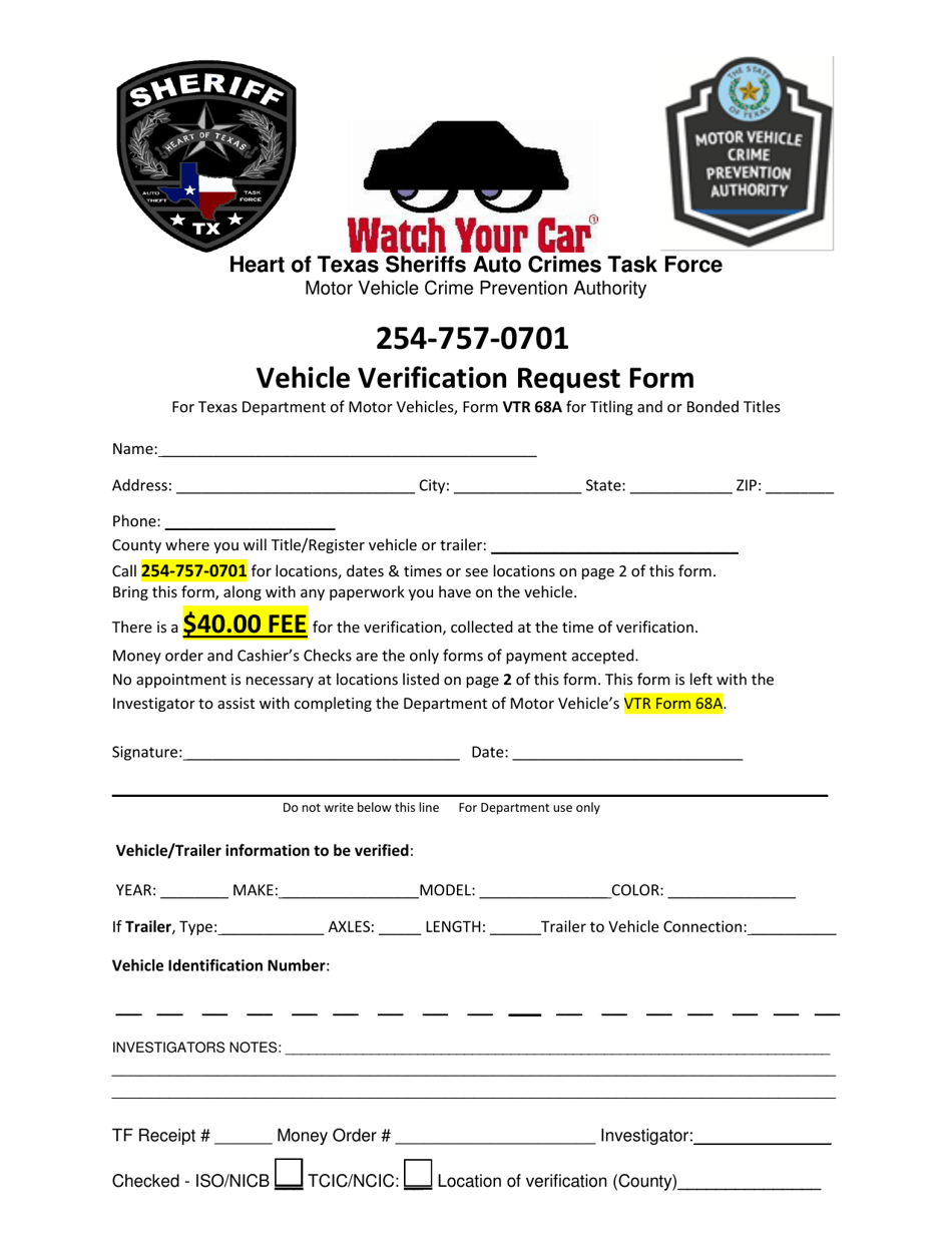 Williamson County, Texas Vehicle Verification Request Form Fill Out