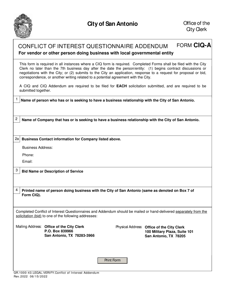 Form CIQ-A Conflict of Interest Questionnaire Addendum for Vendor or Other Person Doing Business With Local Governmental Entity - City of San Antonio, Texas, Page 1
