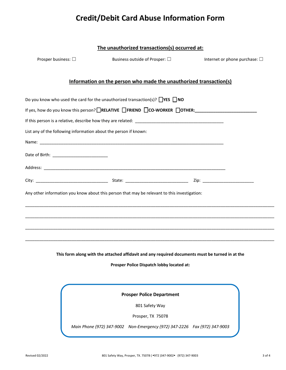 Credit / Debit Card Abuse Form and Affidavit - Town of Prosper, Texas, Page 3